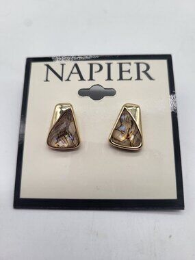 Napier Gold Tone Simulated Faux Abalone Stone Stud Earrings Boho Classic